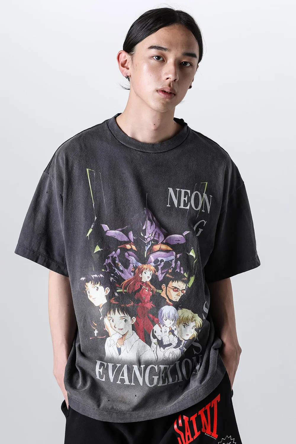 SAINT Mxxxxxx × EVANGELION NEON GNSIS TEE/BLK co-branded Neon Genesis Evangelion distressed short-sleeves, washed black S-XL, vintage NEW VINTAGE, top printing technology, garment dyeing, re-washed, distressed, correct co-branded main mark/washing mark